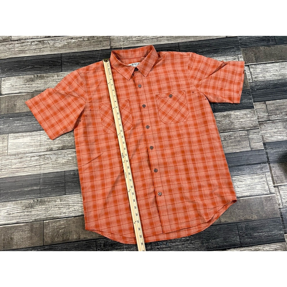 Orvis Men Button Down Shirt Plaid Short Sleeve‎ Polyester L Peach Breathable